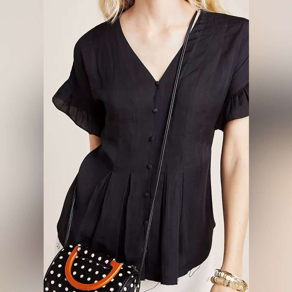 Anthropologie Dolan Mitzi Pleated Peplum Ruffle Button Front Black Blouse